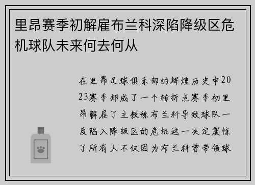 里昂赛季初解雇布兰科深陷降级区危机球队未来何去何从