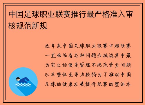 中国足球职业联赛推行最严格准入审核规范新规 中国足球职业联赛推行最严格准入审核规范新规