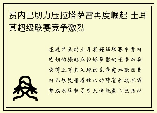 费内巴切力压拉塔萨雷再度崛起 土耳其超级联赛竞争激烈